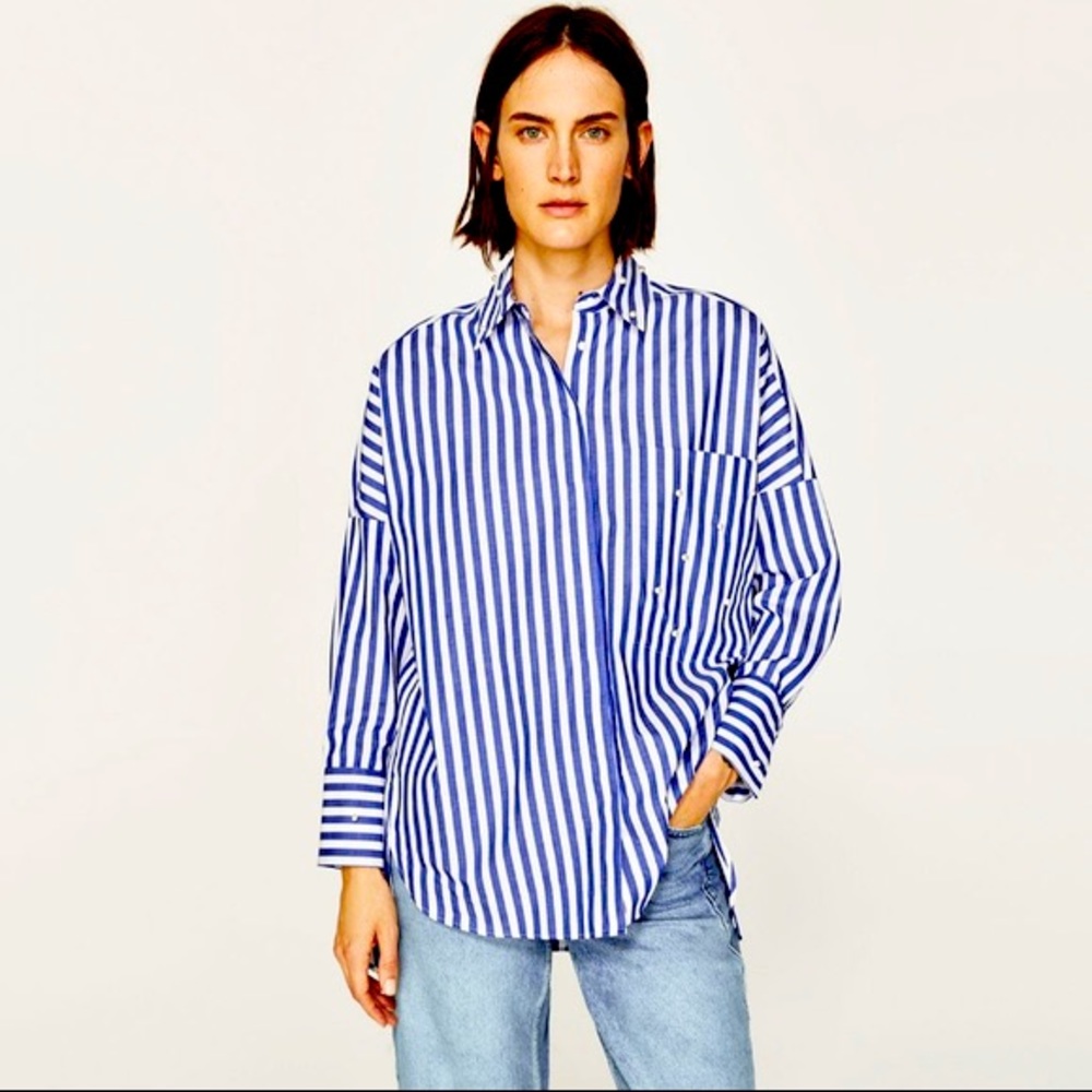 Zara Oversized Pinstripe Shirt with Pearl Detail